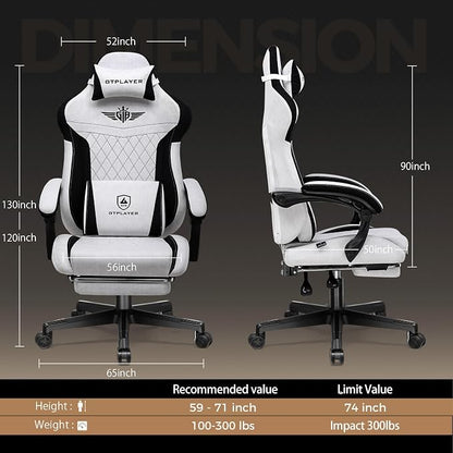 GTPLAYER Gaming Chair with Footrest, Big and Tall Game Chair High Back Computer Office Chair with Lumbar Support for Adults, Ergonomic Swivel Games Chair with Cushion Gaming, Fabric Grey