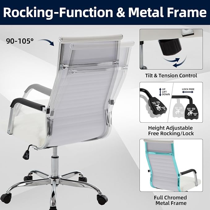 Office Chair, Ergonomic Executive Conference Room Chairs, Ribbed Leather Desk Chair with Lumbar Support, Adjustable Height Mid-Back Swivel Chair (Square Tube Armrests, White)