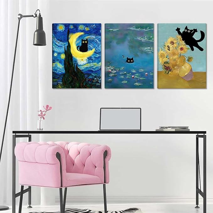Funny Black Cat Wall Art Monet Cat in Water Lilies Canvas Wall Decor Van Gogh Starry Night Sunflower Aesthetic Pictures Paintings Prints for Bedroom Living Room Bathroom 16x24 in Framed
