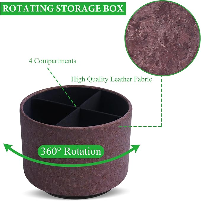 Round Leather Art Supply Organizer,Remote Control Holder,360 Degree Spinning,Multi-Functional Pencil Holder,4 Compartments Desktop Stationary Organizer(1-Soft Dark Brown2)