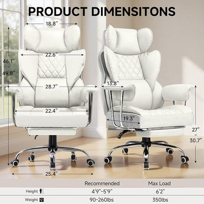 COMHOMA Big and Tall Office Chair, High Back Leather Gaming Chair with Footrest, Executive Ergonomic Office Chairs with Pocket Spring Lumbar Support and with Outward Fixed Soft Armrests