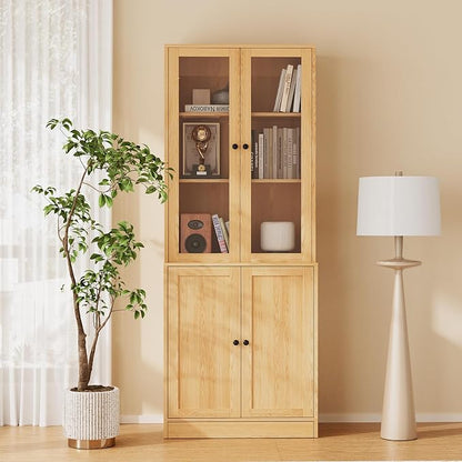 TUSY 71'' Bookshelf with Doors - 5 Tier Freestanding Tall Bookcase, Modern Storage Cabinet for Home Office, Curio Cabinets with Glass Door for Living Room, Bedroom (1, Wood)