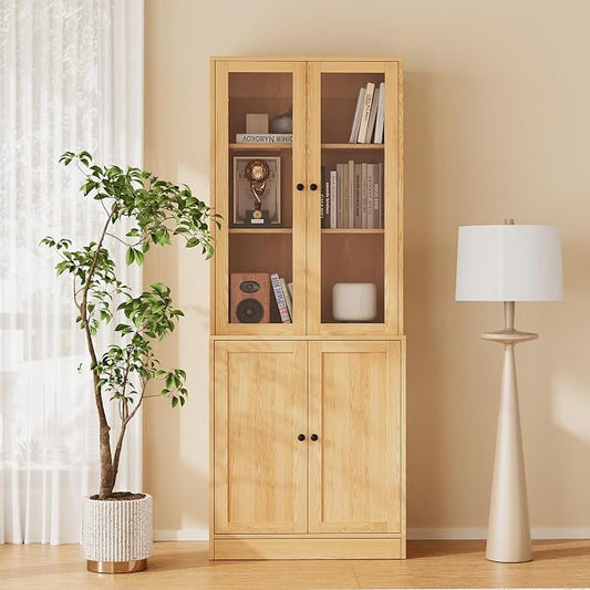 TUSY 71'' Bookshelf with Doors - 5 Tier Freestanding Tall Bookcase, Modern Storage Cabinet for Home Office, Curio Cabinets with Glass Door for Living Room, Bedroom (1, Wood)