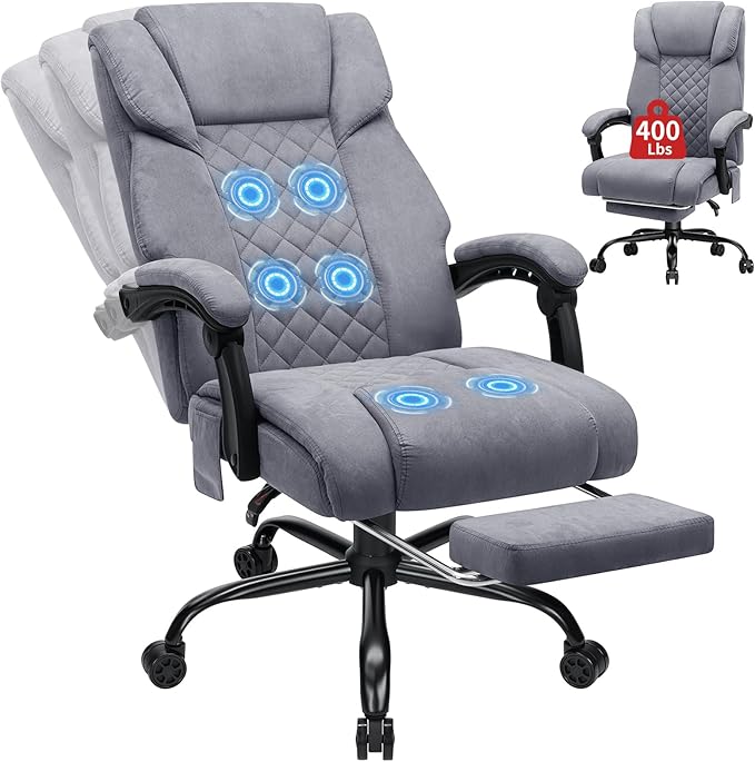 HOFFREE 400lbs Massage Office Chair with Foot Rest 6 Points Vibration Ergonomic Executive Office Chair Reclining High Back Computer Desk Chairs Grey Fabric