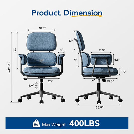 HomeZeer Blue Office Chair, Memory Foam Seat Mid Century Modern Desk Chair | 3.9" Sloped U-Shaped Memory Foam Cushion, Granular Linen Fabric, Lumbar Support, 1.2mm Sturdy Metal Tube, 400LBS Capacity