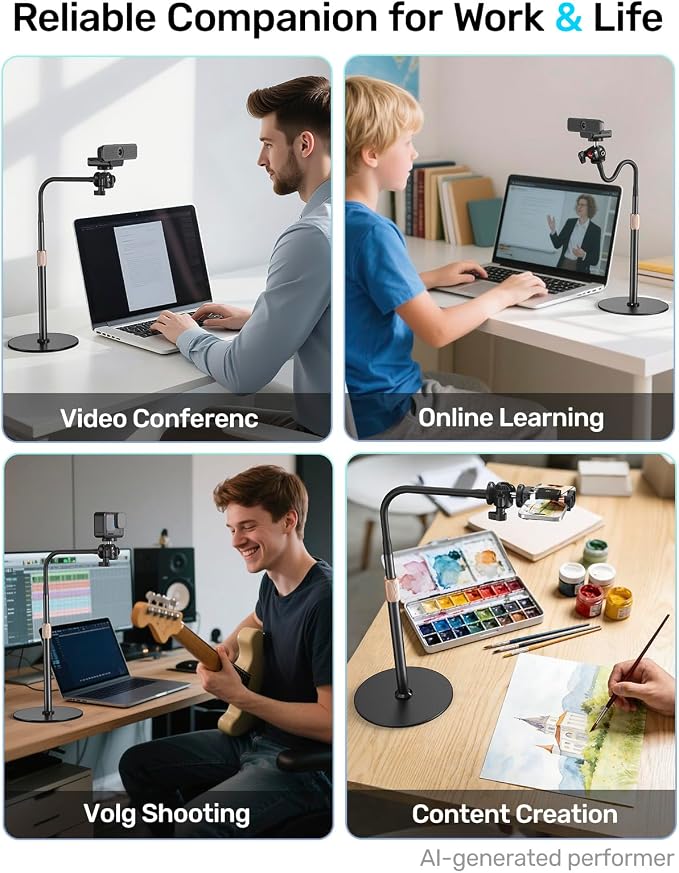 Webcam Tripod Stand with Phone Holder, Gooseneck Arm with 360° Ballhead for Desktop & Overhead Recording, Compatible with Logitech Cam C920 C922 C930e C960 C615 BRIO NexiGo N60 with 1/4'' Thread