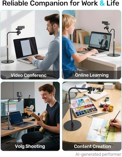 Webcam Tripod Stand with Phone Holder, Gooseneck Arm with 360° Ballhead for Desktop & Overhead Recording, Compatible with Logitech Cam C920 C922 C930e C960 C615 BRIO NexiGo N60 with 1/4'' Thread