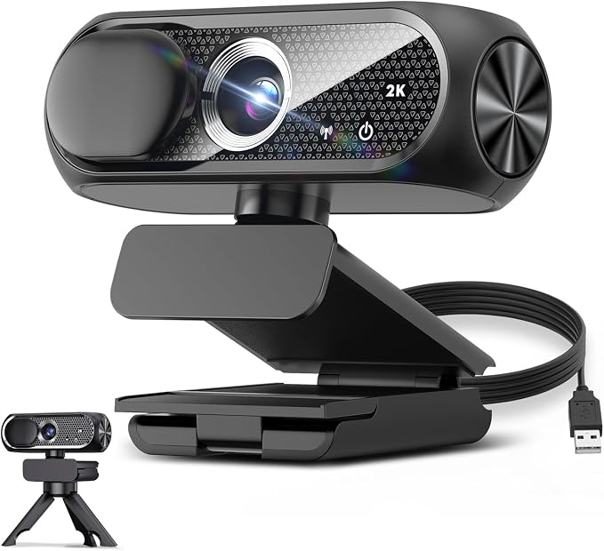 2K Webcam with Rotatable Tripod and Mic, Noise Cancellation, Privacy Cover, Wide-Angle Lens, Auto Light Correction, Plug & Play USB Webcam for Laptop, Desktop, PC, Mac, Zoom, Skype, Streaming