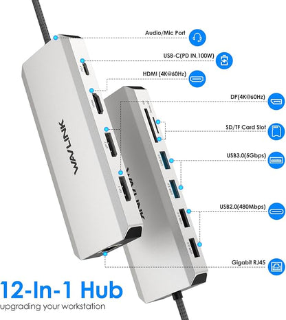 Laptop Docking Station,12 in 1 Triple Display USB C Hub for Windows with Dual DP, HDMI, 100W PD in, Gigabit Ethernet, USB3.0/2.0 Ports, SD/TF Card Reader, Mic/Audio for Lenovo HP Dell