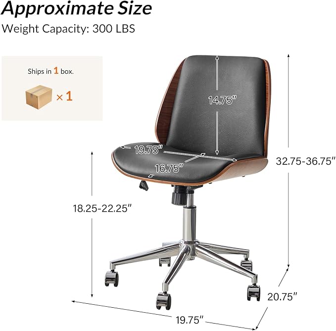 HULALA HOME Faux Leather Home Office Chair with Bent Wood Design & Rocking Tilt Function, Modern Swivel Desk Chair with Adjustable Height, Comfy Upholstered Armless Computer Task Chair, Black