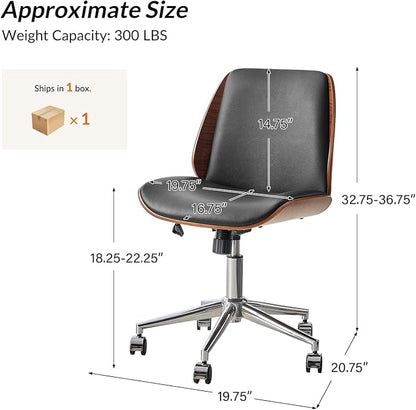 HULALA HOME Faux Leather Home Office Chair with Bent Wood Design & Rocking Tilt Function, Modern Swivel Desk Chair with Adjustable Height, Comfy Upholstered Armless Computer Task Chair, Black