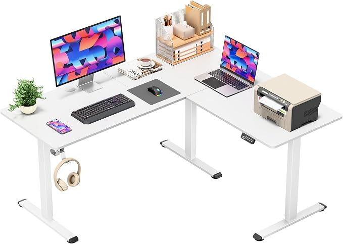 Furmax 63 x 55 Inch L Shaped Standing Desk with 2 Preset Heights, Electric Height Adjustable Computer Table, 2 Hooks & Feet Balance, Corner Sit Stand Desk for Home Office (White, 63 x 55 Inch)