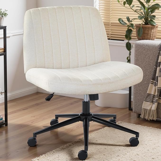 DUMOS Criss Cross Chair with Wheels, Wide Cross Legged Office Desk Vanity Chairs, Armless Height Adjustable Swivel Chairs for Home Computer Task, Fabric, Beige Wheel