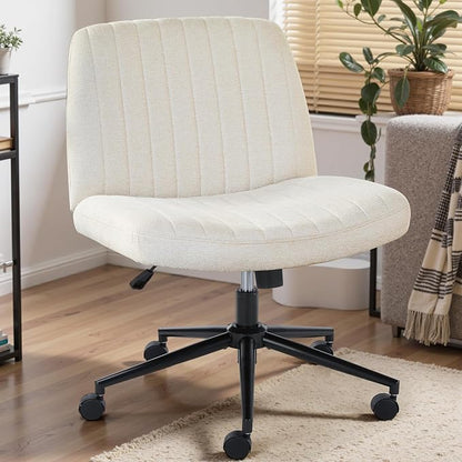 DUMOS Criss Cross Chair with Wheels, Wide Cross Legged Office Desk Vanity Chairs, Armless Height Adjustable Swivel Chairs for Home Computer Task, Fabric, Beige Wheel