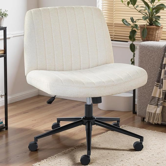 DUMOS Criss Cross Chair with Wheels, Wide Cross Legged Office Desk Vanity Chairs, Armless Height Adjustable Swivel Chairs for Home Computer Task, Fabric, Beige Wheel