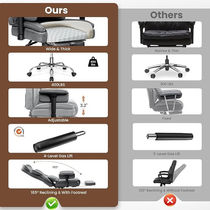 BESTFAIR Big and Tall Office Chair - High Back Executive Chair with Footrest & Lumbar Support for Heavy People, Adjustable Arms, Padded Wide Seat Computer Gaming Chair, Heavy Duty, Gray 2 Pack