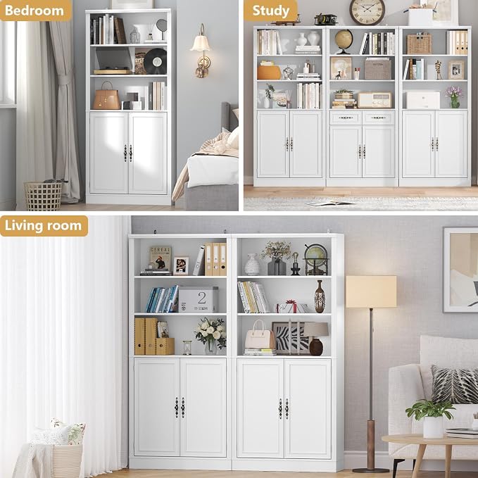 Thacuok 72'' Tall Bookcase with Doors, Adjustable Shelves, P2 MDF Construction, 32'' Wide Freestanding Cabinet with Metal Handles, Hidden Storage for Living Room, Bedroom