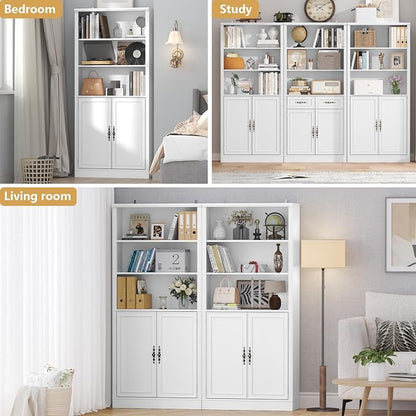 Thacuok 72'' Tall Bookcase with Doors, Adjustable Shelves, P2 MDF Construction, 32'' Wide Freestanding Cabinet with Metal Handles, Hidden Storage for Living Room, Bedroom
