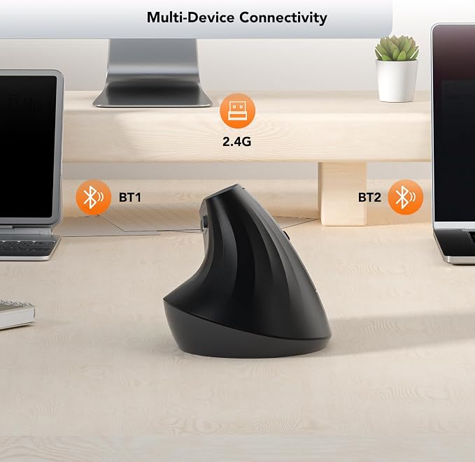 KYSONA EM18 Wireless Ergonomic Vertical Mouse, Ergo Design, Bluetooth Cordless Mouse for Medium/Large Hands, Silent Click, 5-Level Adjustable DPI, Carpal Tunnel Mice for Computer/PC/Mac/Laptop, Black