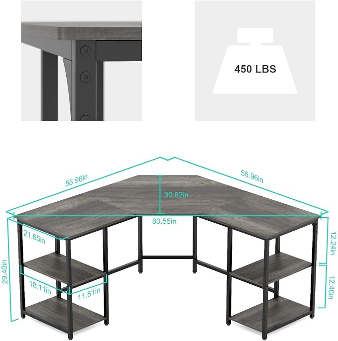Elephance Large L-Shaped Computer Desk with Shelves, Corner Desk, Home Office Writing Workstation, Gaming Desk PC Latop Table with Storage