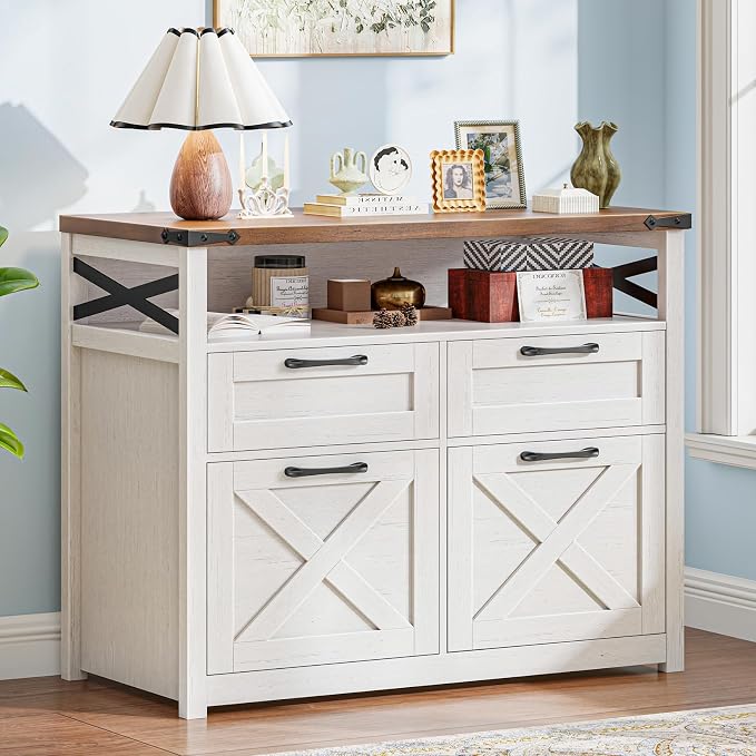 Farmhouse 4 Drawer File Cabinet with Open Storage Shelf, Lateral Filing Cabinet Fits Letter/A4/ Size, Home Office Filing Organizer, Document Storage Printer Stand for Home and Office,Uunique White