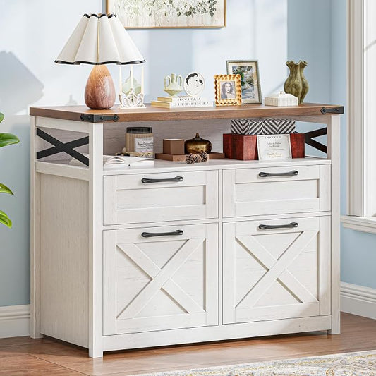 Farmhouse 4 Drawer File Cabinet with Open Storage Shelf, Lateral Filing Cabinet Fits Letter/A4/ Size, Home Office Filing Organizer, Document Storage Printer Stand for Home and Office,Uunique White