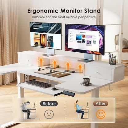 OffiGo U Shaped Electric Standing Desk with Drawers, 55 Inch Height Adjustable Desk with Keyboard Tray ＆ Ergonomic Monitor Stand, Sit Stand Table with Power Outlets for Home, Office, White