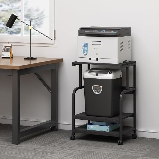 Fannova Printer Stand, 3 Tier Printer Table with Height Adjustable Storage Shelf, Rolling Printer Cart with Wheels for Home Office Organization, Black