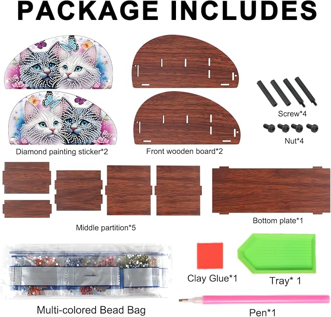 DIY Diamond Painting Storage Box Couple Cats, Handmade 5D Diamond Art Case Multi-Compartment Wooden Desktop Organizer for TV AC Remotes Makeup Brushes Pens Tabletop Holder, Valentine's Day Gift