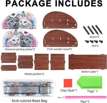 DIY Diamond Painting Storage Box Couple Cats, Handmade 5D Diamond Art Case Multi-Compartment Wooden Desktop Organizer for TV AC Remotes Makeup Brushes Pens Tabletop Holder, Valentine's Day Gift