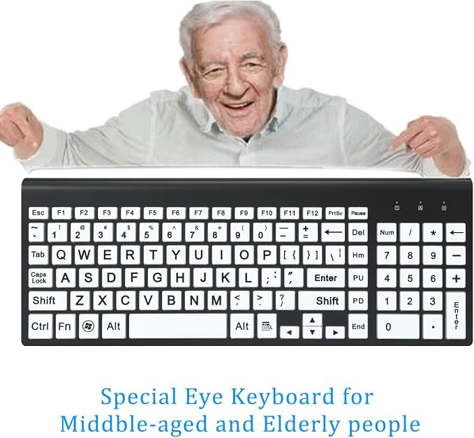 Full Size Large Print 2.4g Wireless Keyboard and Mouse with Oversized Print for Visually Impaired Low Vision Individuals (Black)