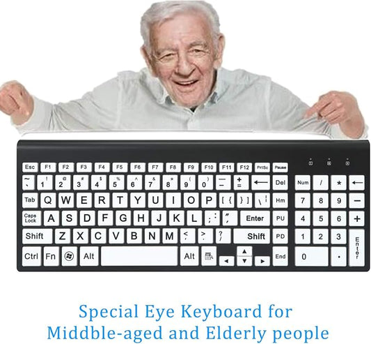 Full Size Large Print 2.4g Wireless Keyboard and Mouse with Oversized Print for Visually Impaired Low Vision Individuals (Black)