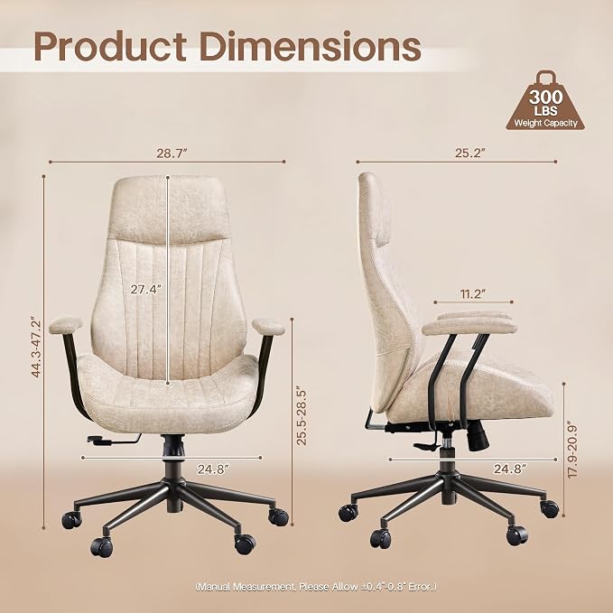 HOOOWOOO Faux Suede Leather Home Office Chair,MCM Modern Ergonomic Task Work Chair,Computer Desk Chair with Cushion Seat Lumbar Support Reclining High Back for Long Hours(Beige)