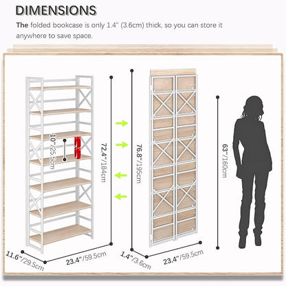 4NM 7 Tiers No Assembly Book Shelves, 72.4" H Folding Bookshelf Bookcase Open Industrial Foldable Shelves for Bedroom, Living Room, Home Office - Natural White