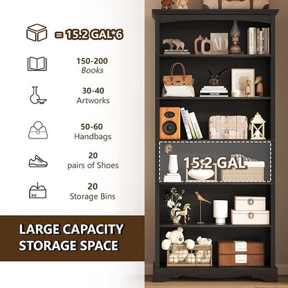 TVU 6-Tier Wooden Bookshelf, 76 Inch Tall Bookshelf with Storage, Floor Standing Modern Style Display Bookcase for Living Room, Office, Study Room, Entryway, Black