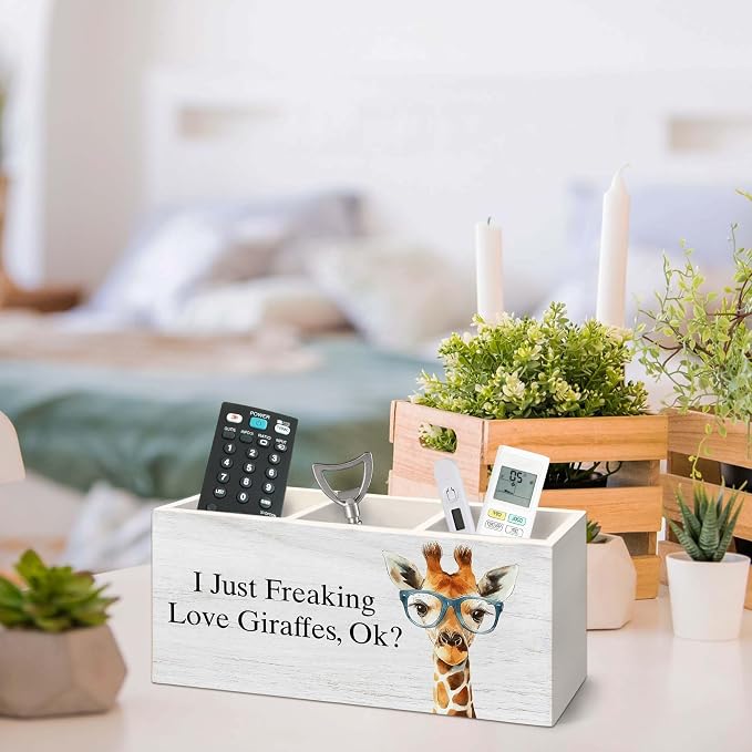 Giraffe Gifts Pen Holder for Desk, Funny Cute Wild Animal Pencil Organizer, Giraffe Gifts for Women, I Just Freaking Love Giraffes Wooden Pen Holder Desk Accessories Decor for Home Office