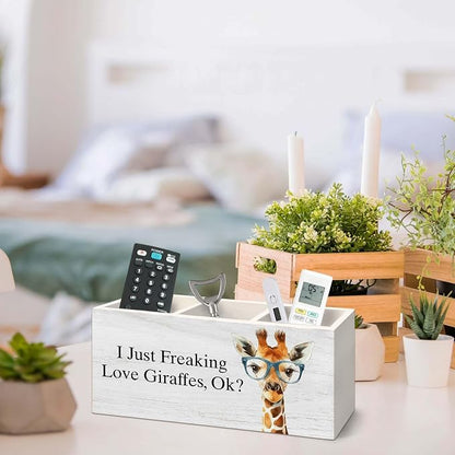 Giraffe Gifts Pen Holder for Desk, Funny Cute Wild Animal Pencil Organizer, Giraffe Gifts for Women, I Just Freaking Love Giraffes Wooden Pen Holder Desk Accessories Decor for Home Office