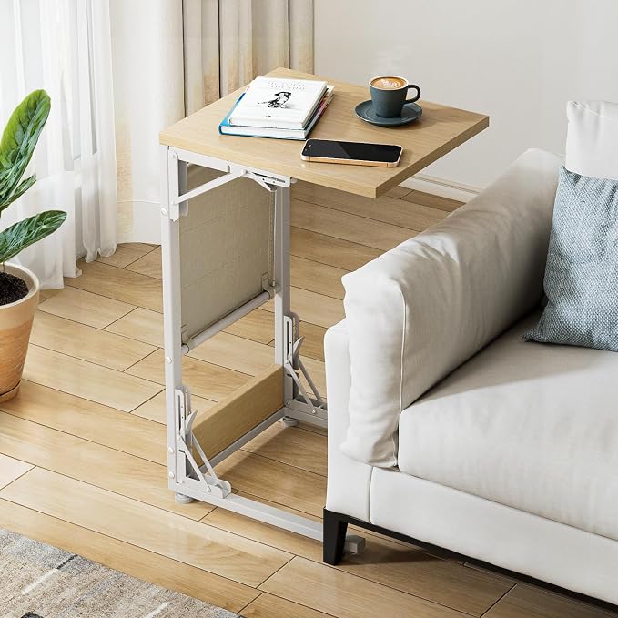 Folding TV Tray Table, Small Folding Side Table with Storage Bag, Portable C Shaped End Table for Couch Sofa Bed, Light Walnut