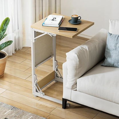 Folding TV Tray Table, Small Folding Side Table with Storage Bag, Portable C Shaped End Table for Couch Sofa Bed, Light Walnut