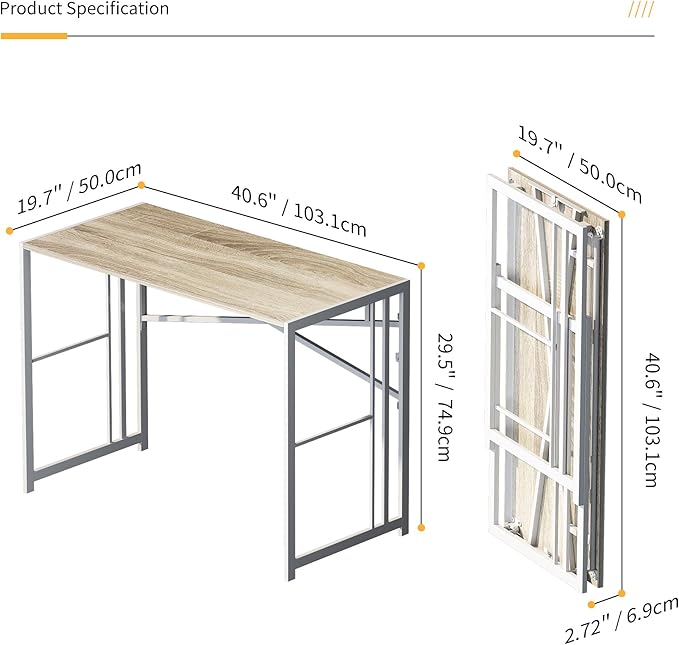 Lutown-Teen Folding Desk 40 inch Writing Gaming Computer Camping Table, No Assembly Required Home Office Desk, Beige