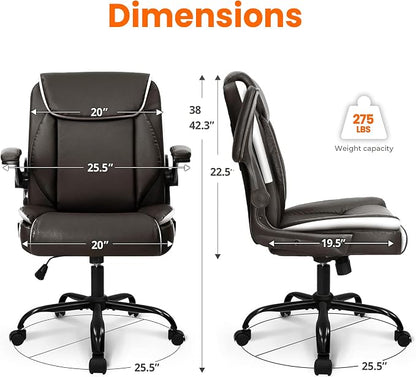 NEO CHAIR Desk Office Gaming Computer Chair Ergonomic Executive Mid-Back Leather with Adjustable Padded Flip-Up Armrests Cushion Wheels Swivel for Home Study Task (Brown)