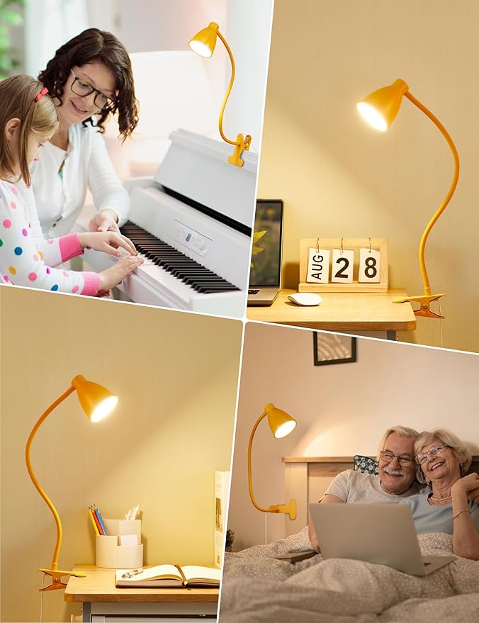 BOHON Clip on Light, Desk Lamp with Clamp, 5 Color 10 Brightness Yellow | Flexible Neck Clip Lamp, 10W 38 LED, Auto Off Timer, Desk Lights for Office Home Bed Bedside Reading, Bright Yellow