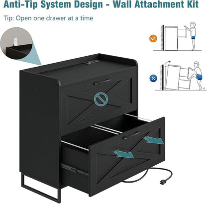2 Drawer Lateral File Cabinet, Filing Cabinet with Charging Station for Letter/Legal/A4 Size Hanging Files, Modern Farmhouse File Storage Cabinet for Home Office, Printer Stand with Storage, Black