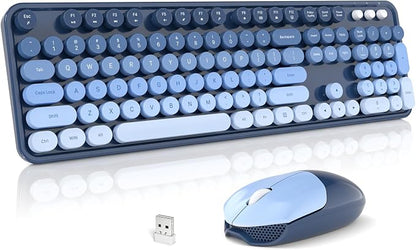 Wireless Keyboard and Mouse Combo, 2.4GHz Gradient Colorful Full-Size Retro Typewriter Keyboard with Wireless Mouse for PC/Desktop/Laptop/Windows (Azure Blue)