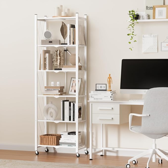 ALANNG 73.6 Inch Folding Bookshelf, 6 Tier Metal Bookcase and Bookshelves, Tall Shelves for Living Room Office Bedroom, Heavy Duty Book Shelve Free Standing Open (White, 3PACK)