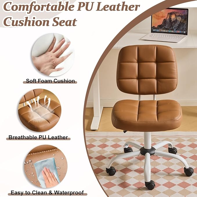 VINGLI Compact Small Desk Chair, Cute Armless Chair with Wheels, Vanity Chair with Low Back, Height Adjustable Task Chair for Small Spaces, Office, Bedroom, Make Up Room, PU Leather, Brown