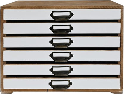Vintage 6-Drawer Wooden Desktop Organizer Cabinet, Rustic Distressed Wood Card Catalog Cabinet, Antique Storage Box for Jewelry Cosmetics Craft Paper Home Office Decor (White)