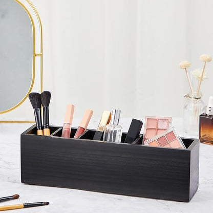 Jetec Wooden Pencil Pen Holder for Desk 6 Compartments Cosmetic Makeup Brush Stationery Office Desktop Organizers for Countertop Adjustable Silverware Caddy for Party, Art Supplies, Home Decor(Black)