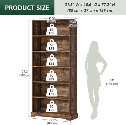 TVU 6-Tier Wooden Bookshelf, 77.2" Tall Farmhouse Style Open Bookcase, 31.5" W Standing Book Shelf with Storage, Suitable for Study, Living Room, Office, Rustic Brown