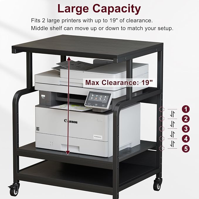 Large Printer Stand for Home Office, 23.6" x 18.9" Printer Table with Storage, Rolling Printer Cart with Wheels, Shelf for 3D Laser Inkjet Printer, Scanner, Fax, Black